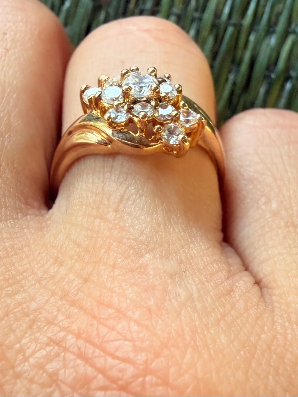 Vintage 925 Gold Vermeil Cubic Zirconia Diamond Cluster Bypass Ring